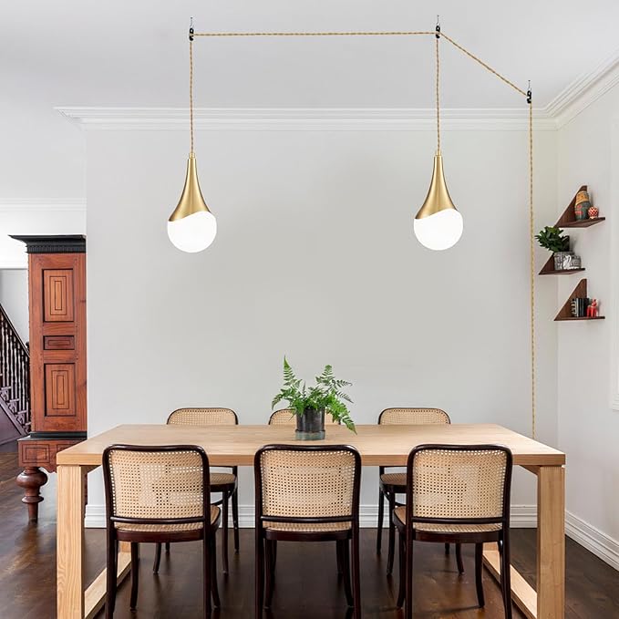 MWZ Gold Plug in Pendant Light,Hanging Lights with Plug in Cord On/Off Switch, Mini Brass Pendant Lights for Kitchen Island,1-Light Modern Raindrop Chandelier Lamps with Milky White Globe Glass Shade