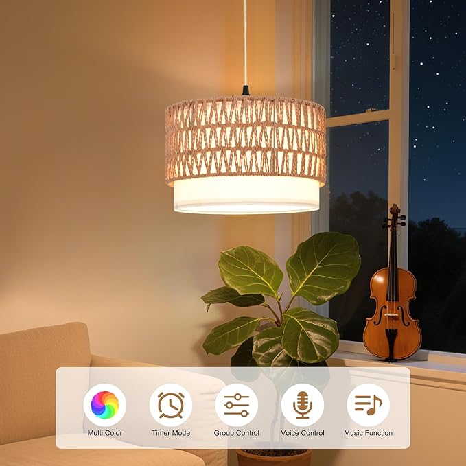 ZSLAIFU Hanging Lamp Plug in Pendant Light, 15FT Hanging Lights with Plug in Cord, Hanging Light with Smart RGBCCT Bulb and Remote, Hanging Lamps for Bedroom, Living Room, Kitchen, Farmhouse