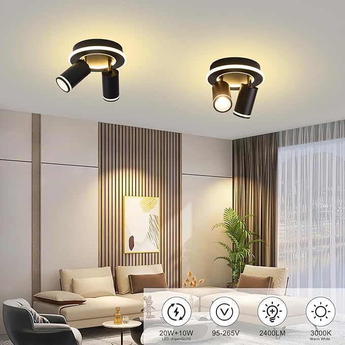 LED 2 Light Track Lighting Kit, Black Round Ceiling Spot Lighting Fixture with Flexibly Rotatable Heads, Modern Spotlight for Kitchen, Living Room, Bedroom, Dual Lighting Design,Includes 2 x GU10 Bulb