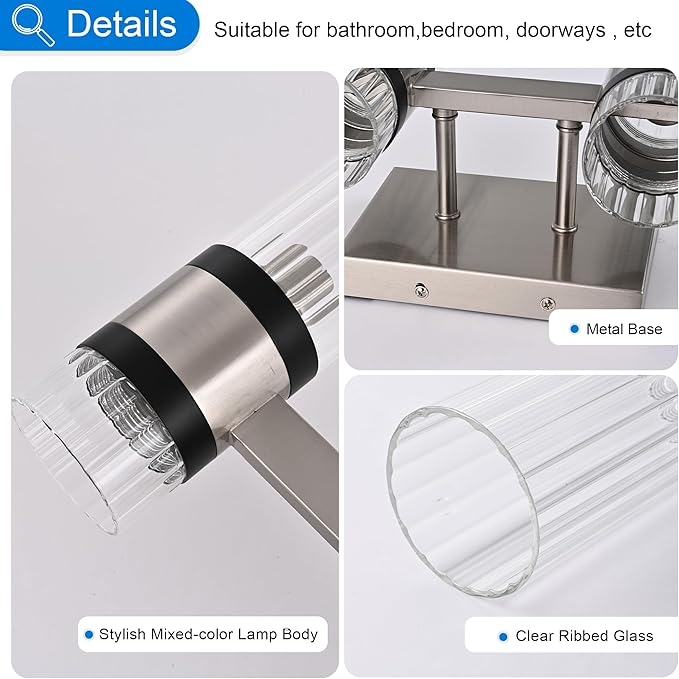 MELUCEE 6 Light Black Vanity Lighting Fixture with Ribbed Clear Glass Shade, Vanity Bathroom Light Fixture Over Mirror Industrial Wall Mounted Sconces Lighting, E12 Base