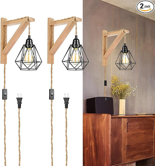 Frideko Wood Plug in Wall Sconces Set of Two, Hanging Lamps that Plug into Wall Outlet, Farmhouse Wall Light Fixtures with 8.21FT On/Off Switch Cord, Indoor Rustic Wall Lamp for Bedroom Living Room