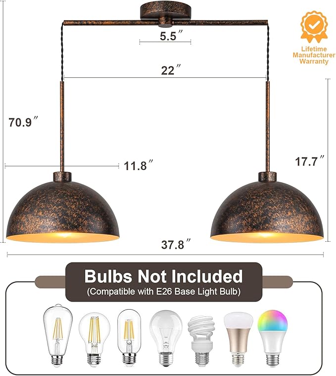2 Light Copper Pendant Lights Kitchen Island, Farmhouse Dome Pendant Light Fixture with Metal Shade Adjustable Cord for Dining Room, Over Table