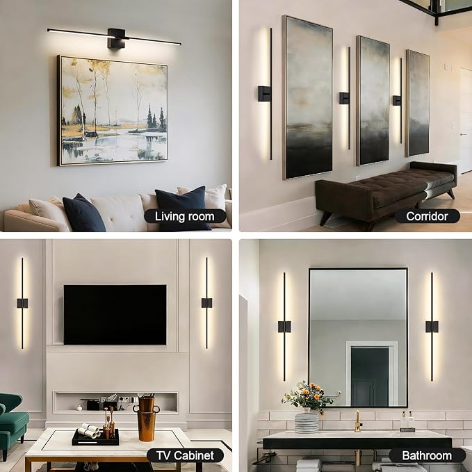 Battery Operated Wall Sconce, 5CCT Dimmable Black Wall Lights with Remote Control, Timable LED Wireless Wall Sconces, 350° Ratate for Bathroom, Living Room, Hallway 39.4 Inch 1 Pack