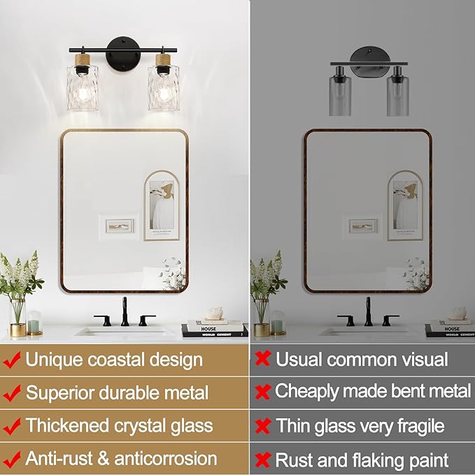 MOKATNG Bathroom Light Fixtures, 2-Light Coastal Vanity Lights with Crystal Glass Shade, Brown and Gold Bathroom Wall Lamp for Mirror Kitchen Hallway Cabinet