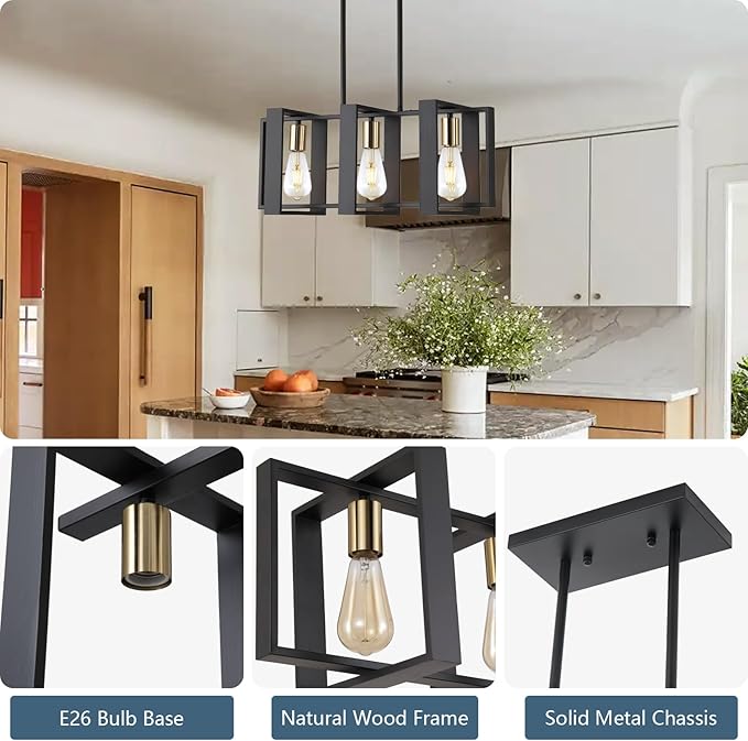 23.6" Island Lighting,3 Lights Dining Room Chandelier, Linear Kitchen Island Lighting for Pool Table Living Room, Foyer Hallway,E26, Black Wood Frame