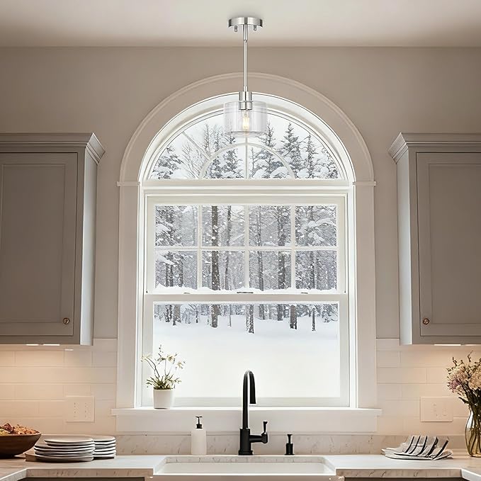 Brushed Nickel Pendant Lights Kitchen Island 2 Pack, Modern Clear Glass Hanging Light Fixtures with Rods, Mini Kitchen Pendant Lighting Over Island for Sink Bathroom, OS-YQ8153-2PBNC