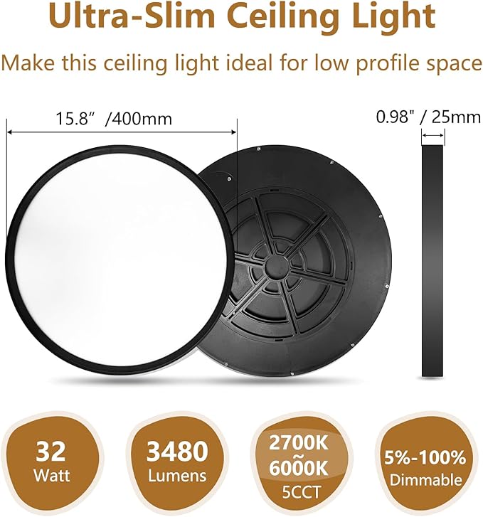 15.8inch Dimmable LED Flush Mount Ceiling Light, 32W, 3480LM, 2700K/3000K/4000K/5000K/6000K CCT Selectable,LED Round Flat Panel Light Dimmable from 5% to 100% for Bedroom,Kitchen,Hallway, Black 4PK