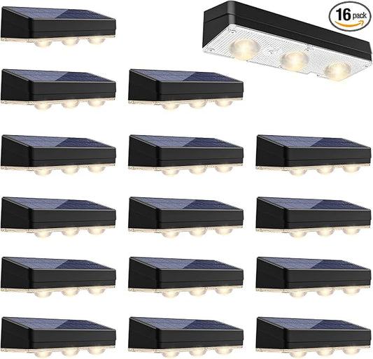JOFIOS Solar Fence Lights Outdoor Waterproof Led, 1300mAh,16pack,6 inch Solar Lights for Fence with Warm White & RGB 8 Colors,Outdoor Solar Lights for Patio, Backyard, Deck, Railing (Black)