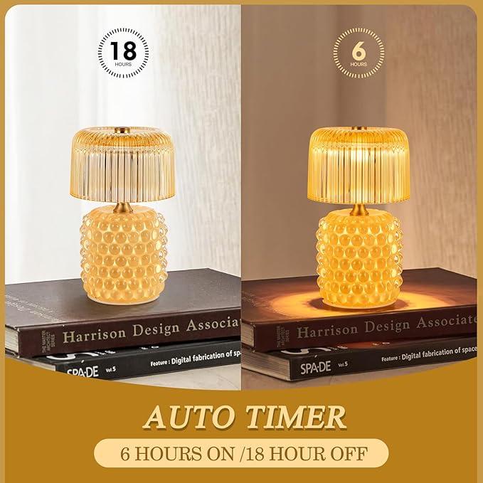 Small Battery Operated Lamp with Timer, Tiny Cordless Glass Table Lamp for Home Decor, Kitchen, Bathroom, Birthday Gift for Women, Pearl, Yellow