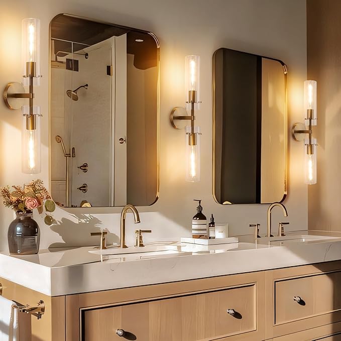 Brass Gold 2-Light Knurled Wall Sconce, Dual-Head Vanity Lamp with Clear Glass Tube, Bathroom Wall Sconces, Wall Lights for Living Room Bedroom Hallway Kitchen Bathroom Mirror