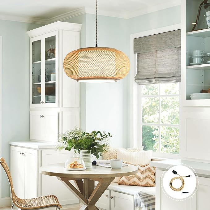 Plug in Bamboo Pendant Light, Boho Style Lamp, 16.7ft Plug in chandelier Wire with a Switch. Japanese Wabi-Sabi Style Circular Lampshade Lighting, Dining Rooms, Bedrooms, Storage Rooms and Kitchens.