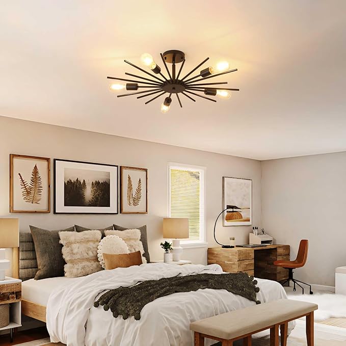 Black Semi Flush Mount Ceiling Light, 27.5 Inch 5-Light Large Sputnik Flush Mount Light Fixtures, Farmhouse Industrial Sloped Ceiling Lighting for Kitchen, Entryway, Bedroom, Living Room