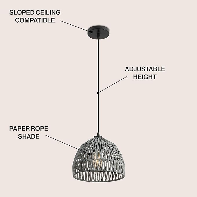 JONATHAN Y 10.25" Gray Modern Bohemian Woven Rope LED Pendant Light Fixture, Adjustable Dome Ceiling Lamp for Kitchen Island, Rope Shade, Coastal Farmhouse Decor (JYL6513D)