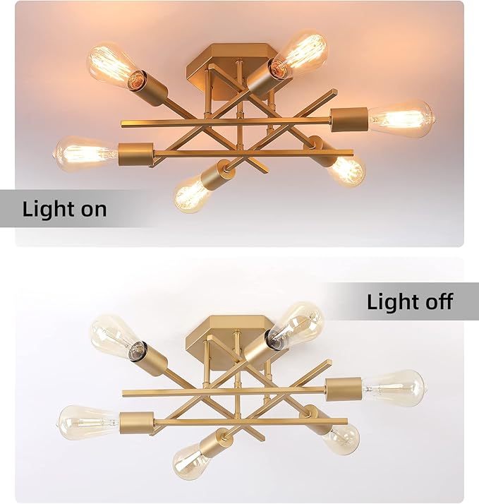AIHYING Semi Flush Mount Modern Ceiling Light Fixture, Gold 6-Light Modern Mid-Century Chandelier Light Fixture for Hallway Bedroom Dining Room Entryway Foyer UL Listed