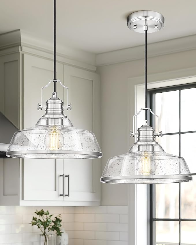 kudos Brushed Nickel Pendant Lights Kitchen Island, Large Pendant Light with Seeded Glass, Industrial Hanging Lighting for Kitchen Sink Dining Room Bathroom,KDPL13-BN-S