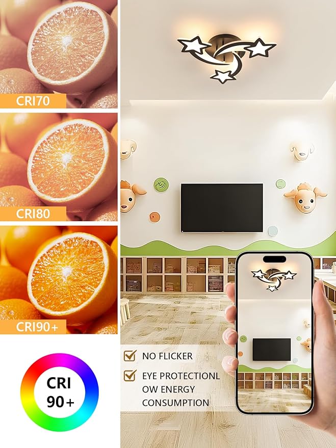 Goeco Kidsroom Ceiling Light, 3 Light Mode Black Acrylic Close to Ceiling Light Fixtures, Stars Creative Cartoon Flush Mount Ceiling Lamp Fixture for Kids Room, Bedroom, Living Room