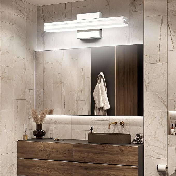 SineRise LED Modern Bathroom Vanity Light Fixtures (16-Inch, 3000K/4000K/6000K, Dimmable), Chrome Modern Acrylic Bathroom Wall Lighting Fixtures Over Mirror