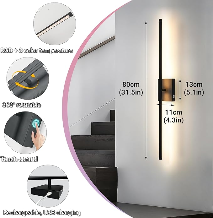 31.5 inch Battery Operated Wall Sconce Set Of 2, 10000mAh Rechargeable Wall Light With Remote Control, RGB Dimmable Wireless Sconces Wall Decor For Bedroom Living room Hallway, 360°Rotate, Black