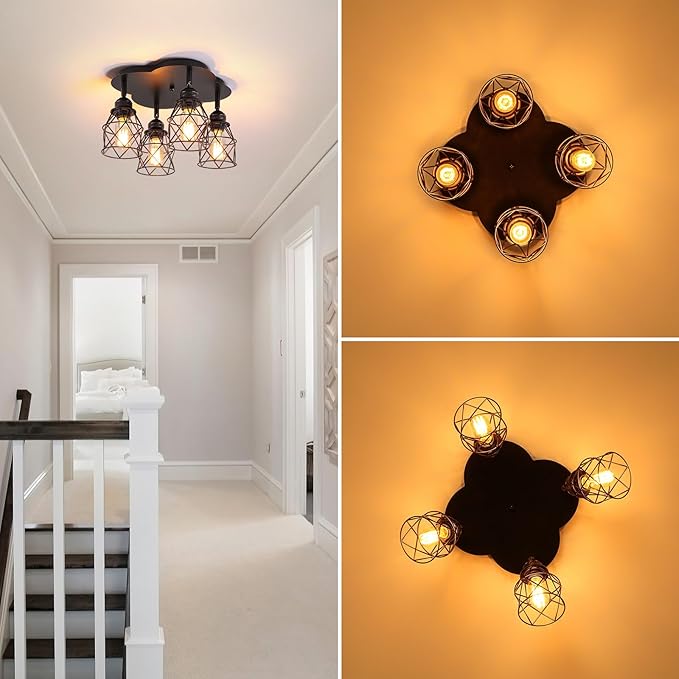 Kitchen Light Fixtures Ceiling Mount, Adjustable Semi Flush Mount Ceiling Light, Multi-Directional Lamp for Kitchen, Hallway, Dining Room, Farmhouse with E26 Base (Black 4-Light)