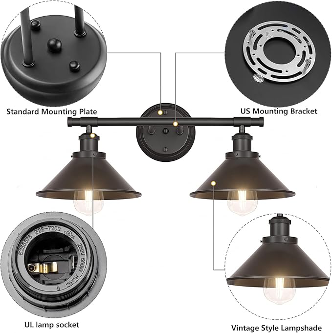 Licperron Black 2-Light Vanity Wall Sconce Lighting, Farmhouse Bathroom Wall Light Fixtures Over Mirror, Industrial Rustic Indoor Bathroom Vanity Lights for Cabinet Dressing Table Living Room