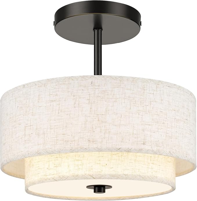 AUTELO Black Semi Flush Mount Ceiling Light, 3-Light 12" Flush Mount Ceiling Light in Black Finish with Drum Fabric Shade for Hallway Bedroom Kitchen, C2506 BK-12