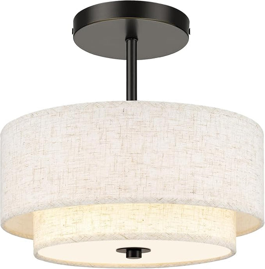 AUTELO Black Semi Flush Mount Ceiling Light, 3-Light 12" Flush Mount Ceiling Light in Black Finish with Drum Fabric Shade for Hallway Bedroom Kitchen, C2506 BK-12