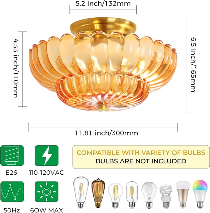 Semi Flush Mount Ceiling Light Fixture Vinatge Gold Ceiling Lights Mid Century Modern Orange Glass Close to Ceiling Lighting Fixtures for Bedroom Hallway Foyer Bathroom Kitchen Laundry Room Nursery