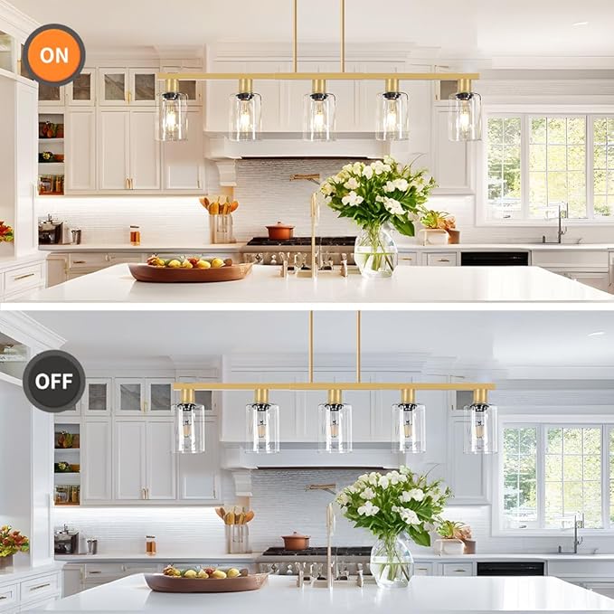 5-Light Kitchen Island Lighting Gold Adjustable Chandelier, Farmhouse Dining Room Light Fixtures Over Table, Height Adjustable Linear Pendant Light Fixture with Clear Glass Shade for Kitchen
