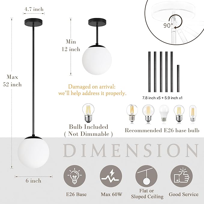 Bagood 6 Inch Globe Pendant Light Black Mid Century Modern Globe Light Fixture Mid Century Milk Glass Pendant Lamp Matte Black Finished with Milk Glass Lampshade for Kitchen Island