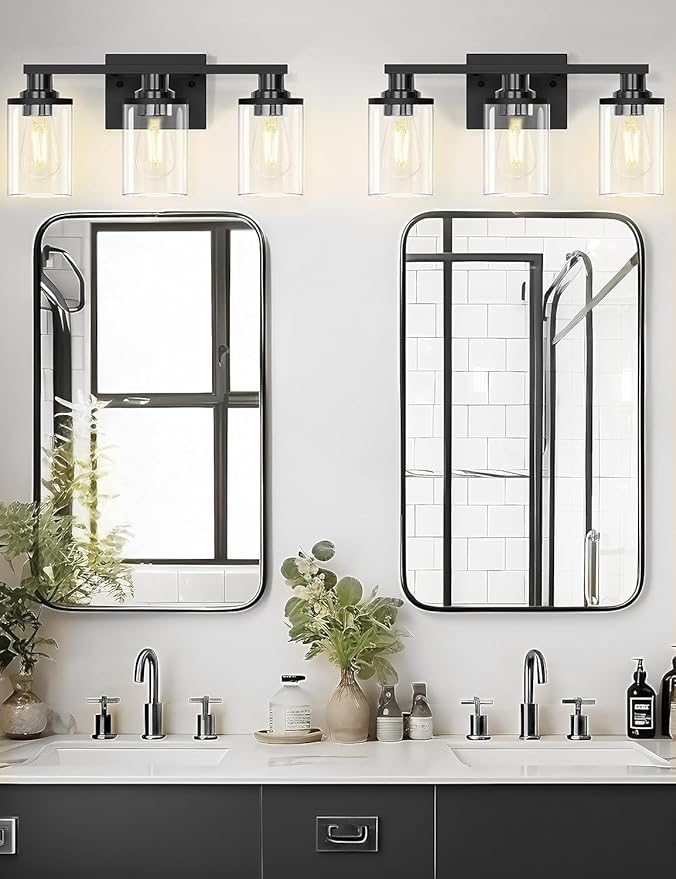 DORESshop 20 Inch Bathroom Light Fixtures, 3-Light Black Bathroom Lighting Fixtures Over Mirror with Clear Glass Shade, Vanity Lights for Bathroom Living Room Bedroom, ETL Listed