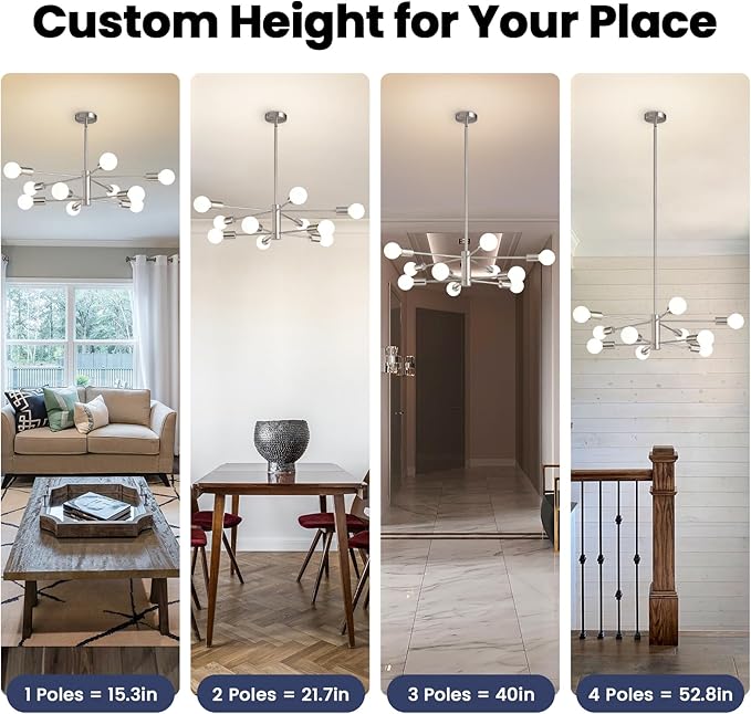 RUIYEY Modern Sputnik Chandeliers Light, 10 Lights Brushed Nickel Chandeliers for Dining Room, E26 Height Adjustable Chandelier Ceiling Lighting Fixture for Farmhouse Kitchen Island Living Room Foyer
