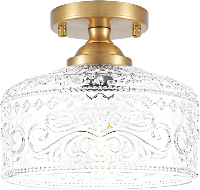Gold Semi Flush Mount Ceiling Light, Antique Brass Ceiling Light with Glass, Indoor Close to Ceiling Light Fixture, Entryway Light Fixtures, Overhead Lighting for Hallway Kitchen Bedroom Dining Room