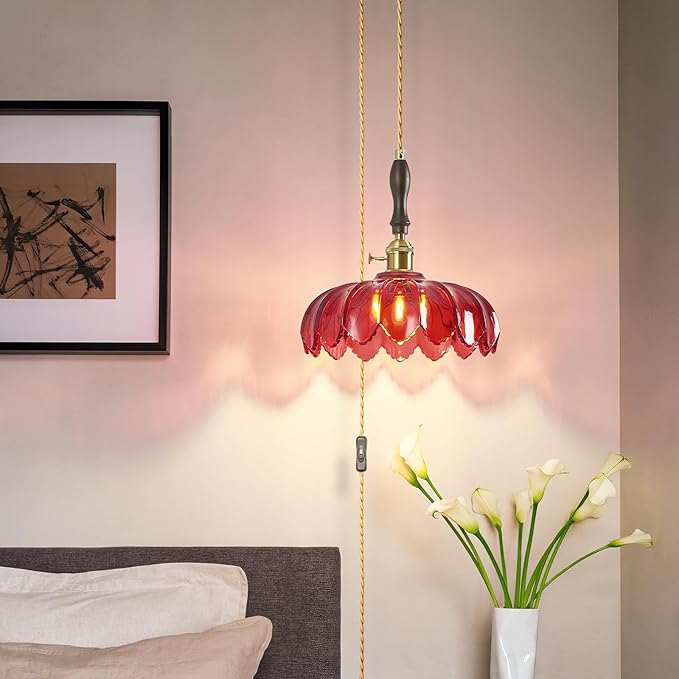 Modern Red Plug in Glass Pendant Light Retro Flower Glass Hanging Lamp Gold Brass Decorative Adjustable Ceiling Hanging Light Suitable for Kitchen Island Bedroom Dining Room Living Room