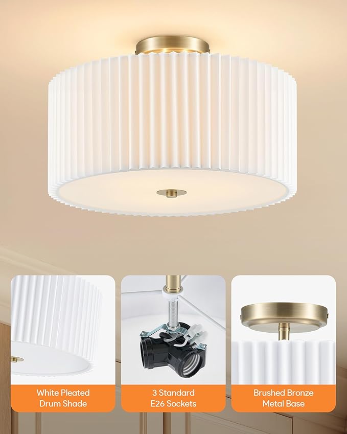 VONLUCE Semi-Flush Mount Ceiling Light, 15.7" Modern 3-Light Ceiling Light Fixture with White Pleated Drum Shade 3 E26 Sockets for Bedroom Entryway Living Room, Bronze Finish, ETL Certificated