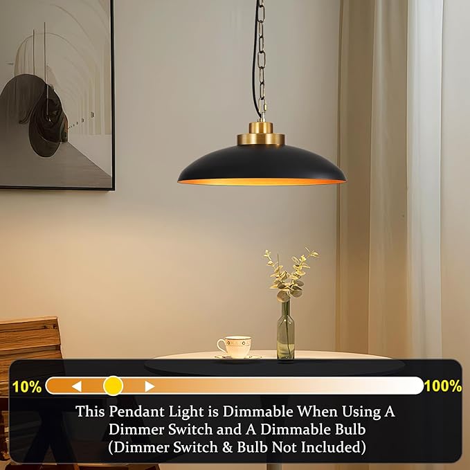 15.8 Inch Large Black and Gold Pendant Light, Industrial Pendant Lighting Fixtures, Vintage Dome Ceiling Hanging Lamp for Kitchen Island Dining Room