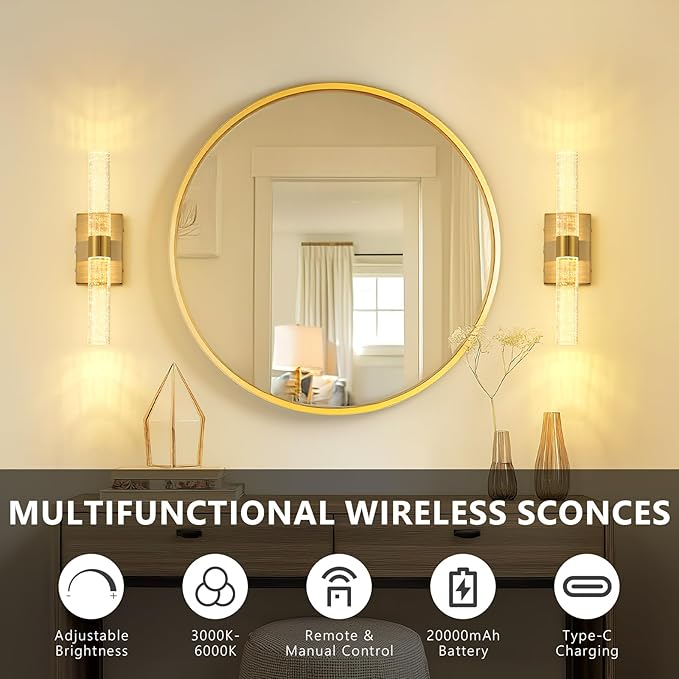 20000mAh Battery Operated Wall Sconces Set of 2, 3CCT, Gold Rechargeable Wall Light with Remote Control, 3000K-6000K Dimmable LED Wireless Sconces for Bedroom, Living Room, 15.6 Inch