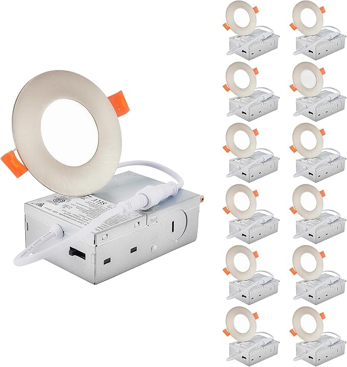 DLLT LED Recessed Ceiling Lights: 12 Pack 3 Inch 5CCT Ultra-Thin Lighting with Junction Box for Bedroom - 600LM Brightness 6W Eqv 50W Dimmable Canless Wafer Downlight with ETL&FCC-Nickel Brush