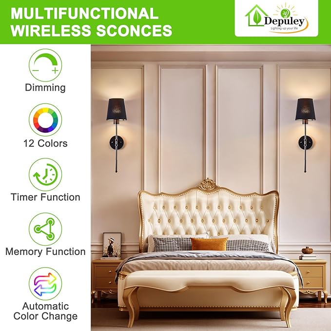 Depuley Battery Operated Wall Sconce: 24" Set of 2 Wireless Wall Lights with Remote for Bedroom - Rechargeable 15 Colors Black Wall Lamp for Living Room Hallway Home Decor