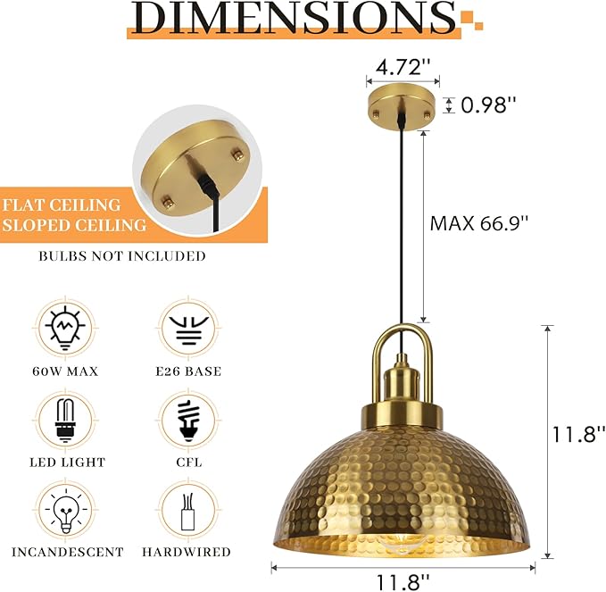 Gold Pendant Light Fixtures, 11.8" Hammered Pendant Light with Gold Holder, Adjustable Pendant Lights for Kitchen Island, Dinning Room, Living Room, Cafe Bar, 2 Pack