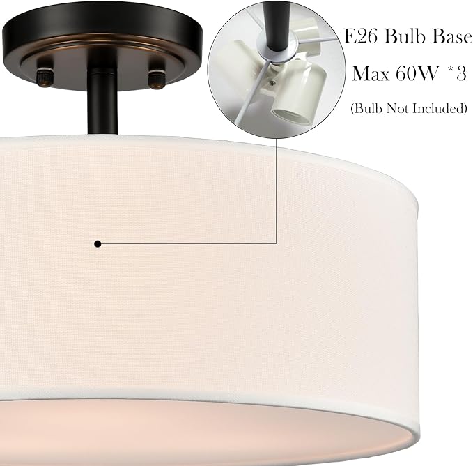 3-Light Black Semi Flush Mount Ceiling Light, 15-Inch Drum Light Fixtures Modern Farmhouse Matte Black Close to Ceiling Lamp for Bedroom Living Room Hallway Kitchen