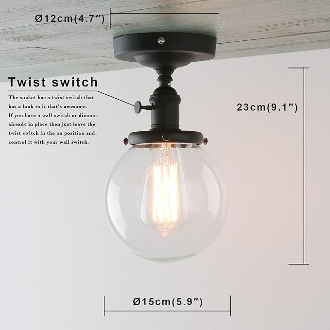 PERMO Modern Semi Flush Mount Ceiling Light with Globe Clear Glass Shade 1 Light Industrial Light Fixtures for Hallway, Bathroom, Farmhouse, Entryway(Black)