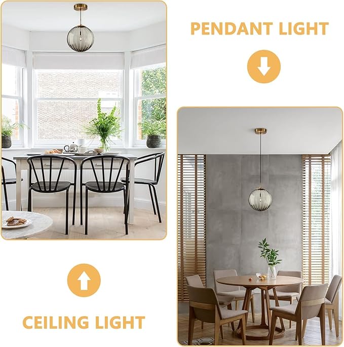 KCO Lighting Mid Century Modern Globe Pendant Light Smoke Mini Vintage Grey Glass Pendant Lighting 1-Light Single Globe Chandelier Farmhouse Kitchen Island Light Fixtures (Smoke Gray-7.9”)
