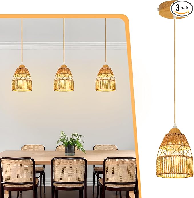 3 Pack Boho Rattan Pendant Light Kitchen Island,Farmhouse Chandeliers Adjustable Height Hanging lamp for Dining Room,Small Kitchen Ceiling Lights Fixtures with Woven Wicker Lampshade Lighting