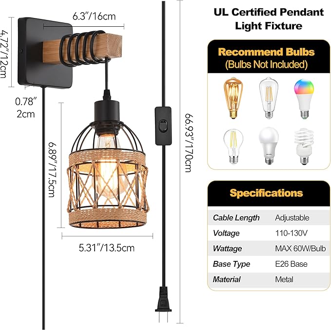 Rustic Wall Sconces Fixtures with Plug in Cord, Set of Two Indoor Vintage Rattan Wall Light Industrial Lamp Fixture Farmhouse Metal Sconces Light for Bedroom Bedside Living Room