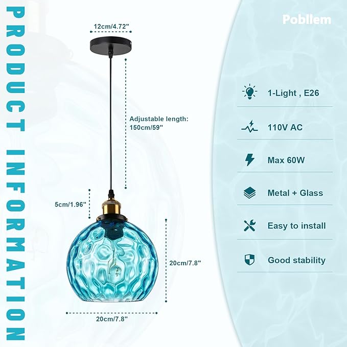 Blue Pendant Light Coastal Pendant Lighting Nautical Pendant Light with 7.8" Hammered Glass Globe 1-Light Chandelier Hanging Light Fixtures Ceiling Mount for Kitchen Island Bedroom Dining Room