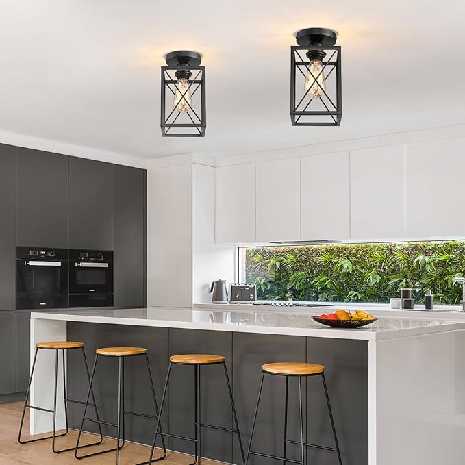 Ceiling Light Fixtures Flush Mount Black Hallway Light Fixtures Ceiling Rustic Farmhouse Island Light Fixtures,Farmhouse Black Metal Frame Light Fixture