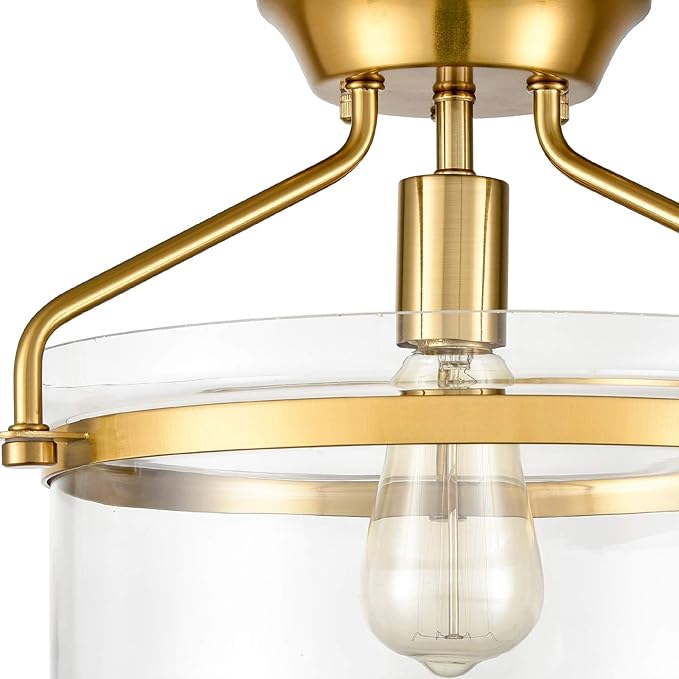 YUBOLE Mid-Century Ceiling Light Gold Semi Flush Mount Light Fixture with Clear Dome Glass Shade-13.4" Wide for Kitchen Hallway Bathroom Bedroom