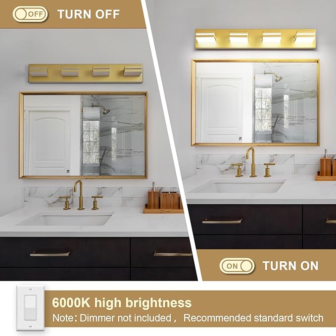 Modern LED Bathroom Lights Fixtures 4-Light,Metal Gold Acrylic Wall Lighting,Vanity Lights for Bathroom Over Mirror 6000k 27in