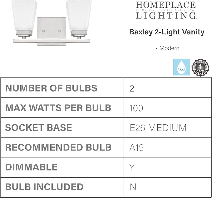 HomePlace by Capital Lighting 114421BN-334 Baxley Modern Soft White Glass Bathroom Vanity Wall Light, 2-Light 200 Total Watts, 7" H x 13" W, Brushed Nickel