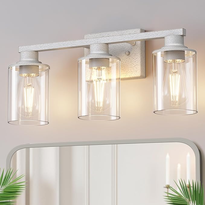 DORESshop 17 Inch Bathroom Light Fixtures, 3-Light Vintage Ivory Bathroom Lighting Fixtures Over Mirror with Clear Glass Shade, Vanity Lights for Living Room Bedroom